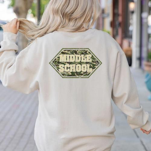 Middle School Camo Retro Back To School Teachers Women's Sweatshirt Back Print - teacherstshirts.com CA