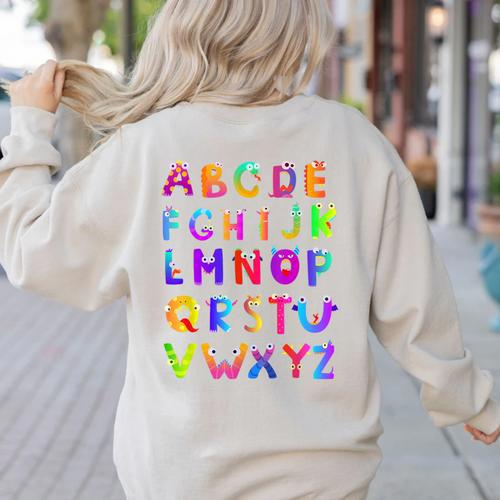 Monster ABC Cute Alphabet Halloween Teacher Costume Kids Women's Sweatshirt Back Print - teacherstshirts.com UK