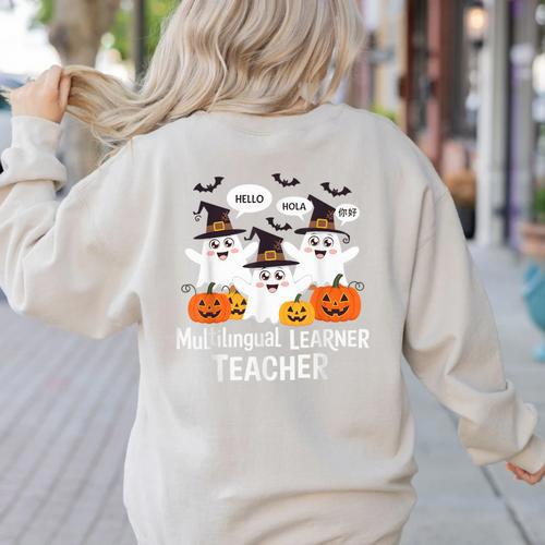 Multilingual Learner Teacher Spooky Halloween ESL Teacher Women's Sweatshirt Back Print - teacherstshirts.com AU