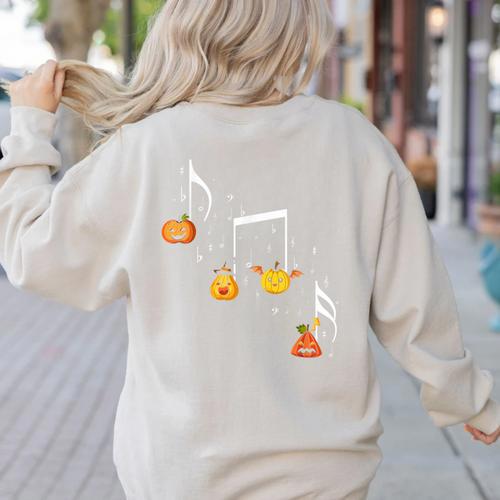 Music Note Pumpkin Fall Music Teacher Halloween Costume Women's Sweatshirt Back Print - teacherstshirts.com AU