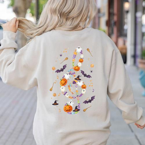 Music Note Symbol Halloween For Music Teacher Musicians Women's Sweatshirt Back Print - teacherstshirts.com AU