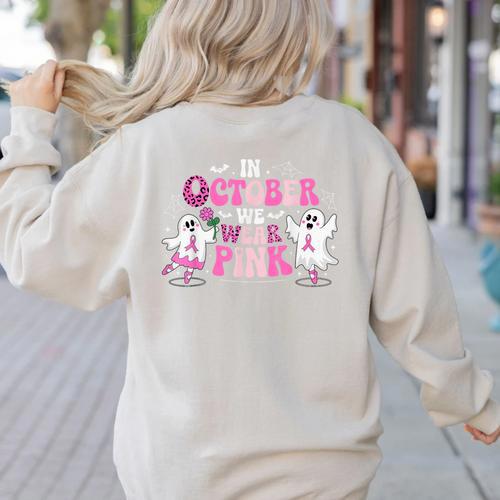 In October We Wear Pink Ballet Ghost Teacher Breast Cancer Women's Sweatshirt Back Print - teacherstshirts.com UK