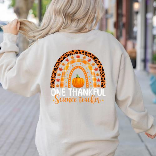 One Thankful Science Teacher Rainbow Boho Fall Thanksgiving Women's Sweatshirt Back Print - teacherstshirts.com AU