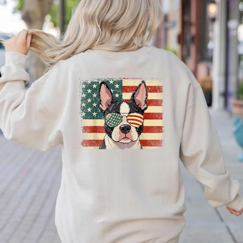 Patriotic Boston Terrier Dog Lover USA Flag 4th Of July For Men Women Kids Women's Sweatshirt Back Print - Bostonterriersmerch.com
