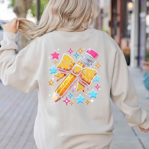 Pencil Leopard Coquette Bow Teacher Life Back To School Women's Sweatshirt Back Print - teacherstshirts.com CA