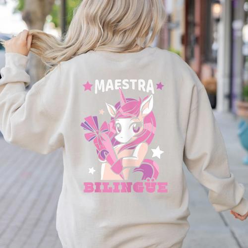 Pink Unicorn Spanish Teacher Regalos Para Bilingue Teacher Women's Sweatshirt Back Print - teacherstshirts.com CA