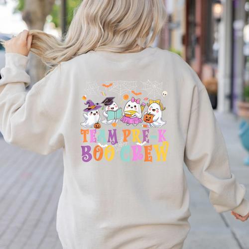 Pre-K Boo Crew Ghost Halloween Teacher Student Women's Sweatshirt Back Print - teacherstshirts.com
