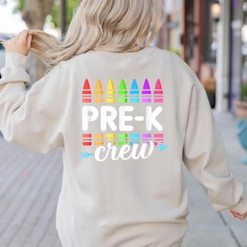 Pre-K Crew Teacher Team Squad Hello Back School Graduation Women's Sweatshirt Back Print - teacherstshirts.com