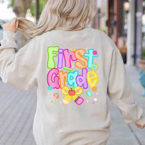 Preppy First Grade Back To School 1st Grade Teacher Girl Kid Women's Sweatshirt Back Print - teacherstshirts.com AU