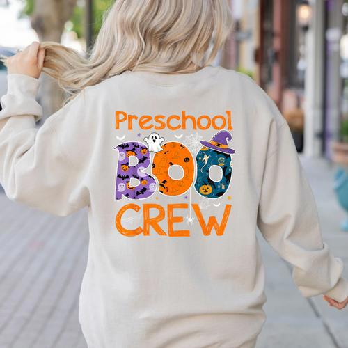 Preschool Boo Crew Preschool Halloween Teacher Kids Women's Sweatshirt Back Print - teacherstshirts.com