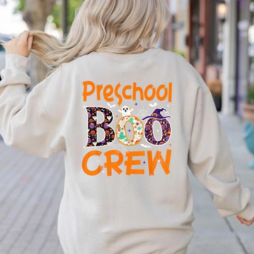 Preschool Boo Crew Preschool Halloween Teacher Women's Sweatshirt Back Print - teacherstshirts.com