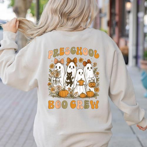 Preschool Boo Crew Teacher Kids Halloween Ghost Cat Pumpkin Women's Sweatshirt Back Print - teacherstshirts.com DE