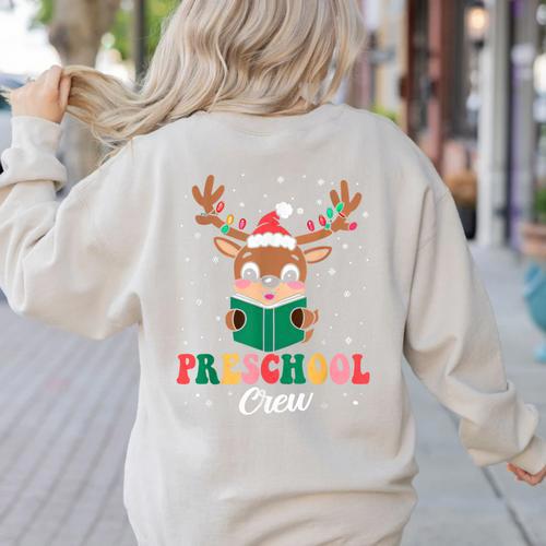 Preschool Crew Xmas Reindeer Teacher Student Christmas Women's Sweatshirt Back Print - teacherstshirts.com CA