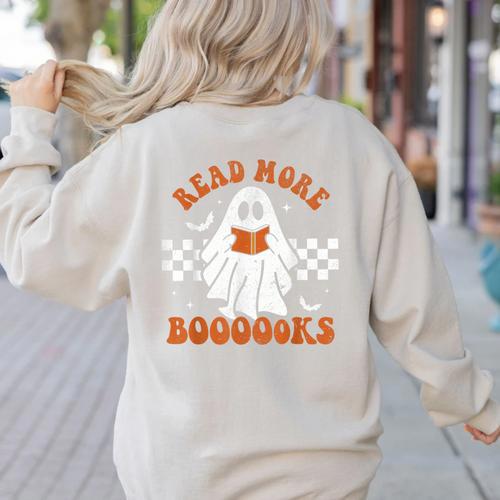 Read More Books Cute Ghost Reading Book Teacher Halloween Women's Sweatshirt Back Print - teacherstshirts.com AU