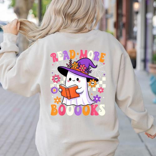Read More Books Ghost Reading Book Teacher Halloween Women's Sweatshirt Back Print - teacherstshirts.com AU