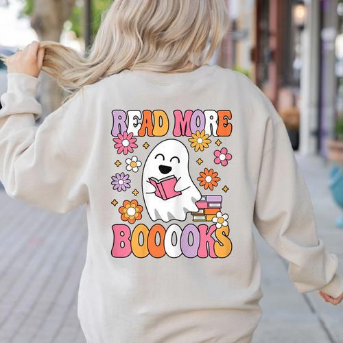 Read More Books Groovy Halloween Teacher Women Women's Sweatshirt Back Print - teacherstshirts.com AU