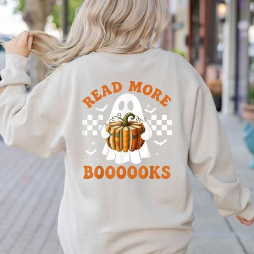 Read More Books Halloween Retro Pumpkin Reading Fall Teacher Women's Sweatshirt Back Print - teacherstshirts.com UK