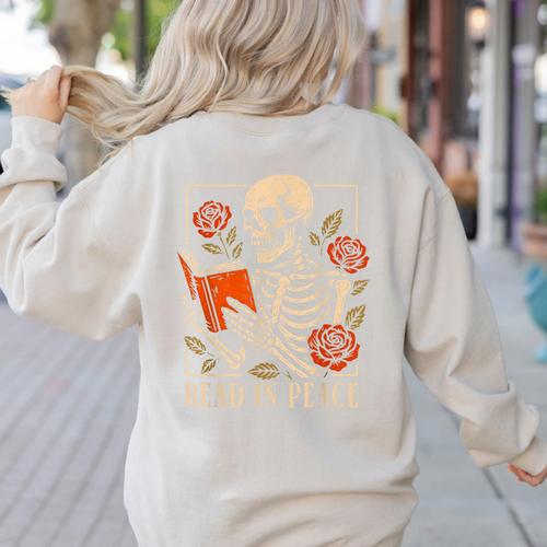 Read In Peace Skeleton Reading Book Halloween Teacher Women's Sweatshirt Back Print - teacherstshirts.com UK