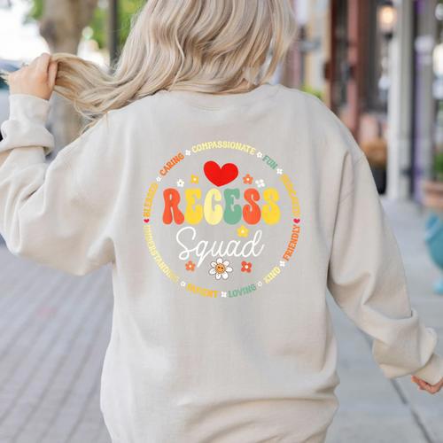 Recess Squad Crew Teachers Students Monitor Back To School Women's Sweatshirt Back Print - teacherstshirts.com