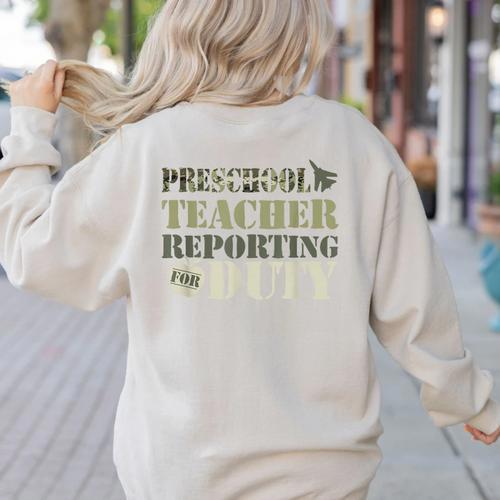 Retro Back To School Women Old Camo Preschool Teacher Women's Sweatshirt Back Print - teacherstshirts.com AU