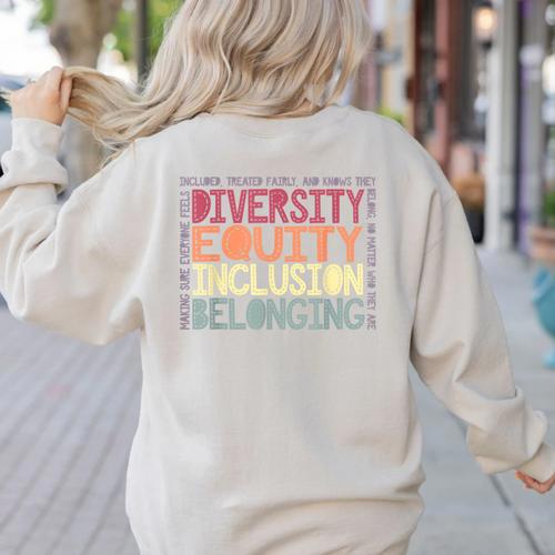 Retro Diversity Equity Inclusion Belonging DEIB Teacher Women's Sweatshirt Back Print - teacherstshirts.com