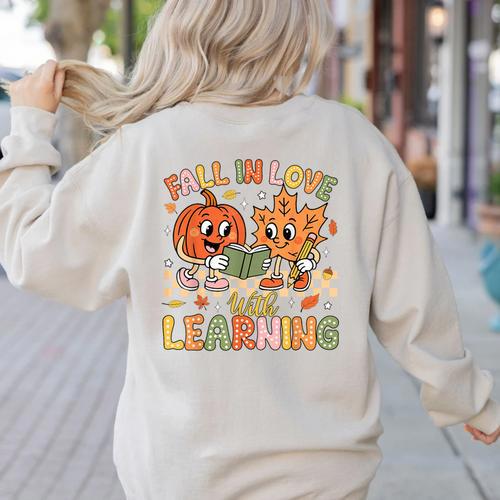 Retro Fall In Love With Learning Autumn Pumpkin Teacher Kids Women's Sweatshirt Back Print - teacherstshirts.com