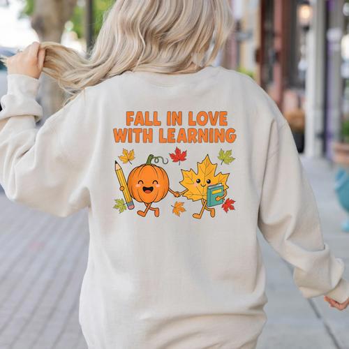 Retro Fall In Love With Learning Autumn Pumpkin Teacher Women's Sweatshirt Back Print - teacherstshirts.com AU