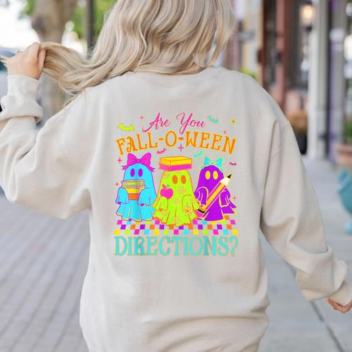 Retro Are You Falloween Direction Teacher Spooky Halloween Women's Sweatshirt Back Print - teacherstshirts.com