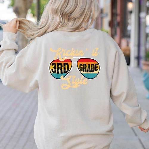 Retro Kickin It 3rd Grade Style Teacher Back To School Men Women Women's Sweatshirt Back Print - teacherstshirts.com CA