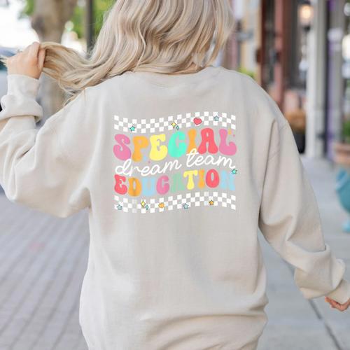 Retro Special Education Squad Groovy Dream Team SPED Teacher Women's Sweatshirt Back Print - teacherstshirts.com CA