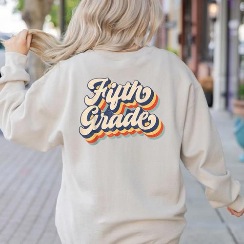 Retro Sunset Fifth Grade Teacher & Student Back To School Women's Sweatshirt Back Print - teacherstshirts.com