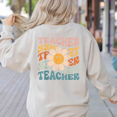 Retro Teacher Daisy Colorful Elementary School Teacher Women's Sweatshirt Back Print - teacherstshirts.com AU