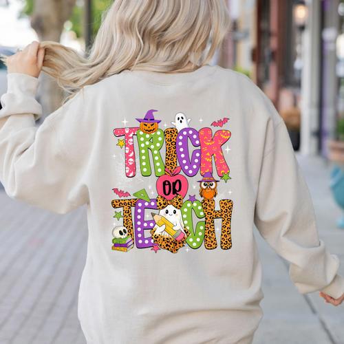 Retro Trick Or Teach Leopard Ghost Halloween Spooky Teacher Women's Sweatshirt Back Print - teacherstshirts.com