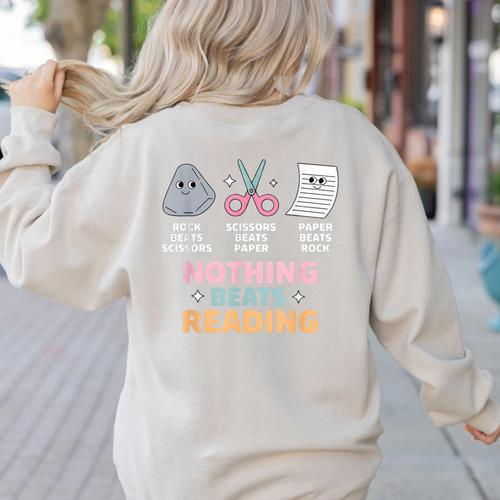 Rock Paper Scissors Teacher Librarian Nothing Beats Reading Women's Sweatshirt Back Print - teacherstshirts.com AU