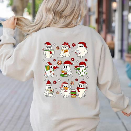 Santa Ghost Reading Books Christmas Library Teacher Women's Sweatshirt Back Print - teacherstshirts.com DE