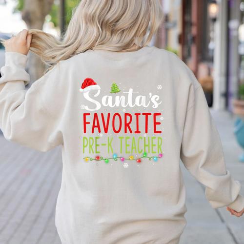 Santa's Favorite Pre-K Teacher Christmas Santa Hat Lights For Men Women Kids Women's Sweatshirt Back Print - teacherstshirts.com