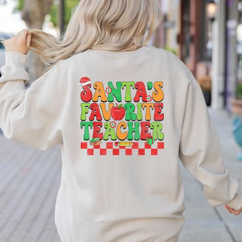 Santas Favorite Teacher Retro Groovy Christmas Xmas Women Women's Sweatshirt Back Print - teacherstshirts.com