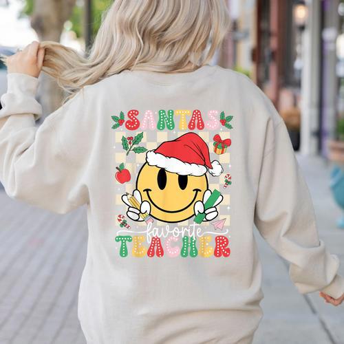Santas Favorite Teacher Retro Groovy Smile Face Christmas Women's Sweatshirt Back Print - teacherstshirts.com