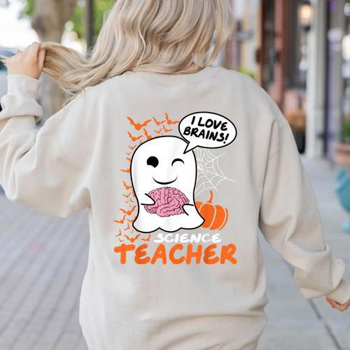 Science Teacher Cute Ghost Halloween Teacher Men Women Women's Sweatshirt Back Print - teacherstshirts.com AU