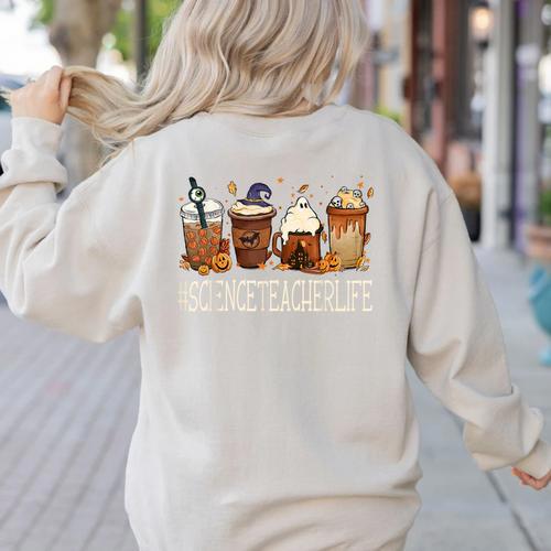 Science Teacher Horror Fall Coffee Halloween Pumpkin Autumn Women's Sweatshirt Back Print - teacherstshirts.com CA