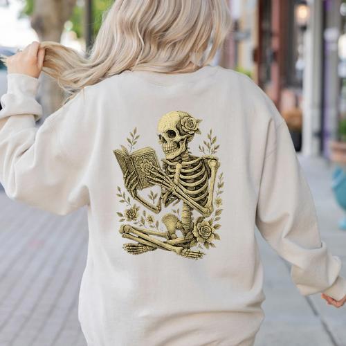 Skeleton Book Floral Skull Halloween Teacher Costume Women's Sweatshirt Back Print - teacherstshirts.com AU