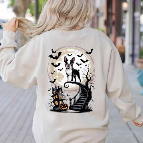 Spooky Halloween Moon Boston Terrier Boston Bull Bostie Women's Sweatshirt Back Print - Bostonterriersmerch.com