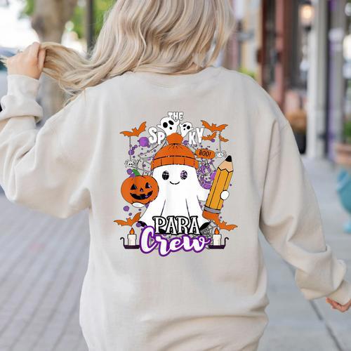 Spooky Para Crew Ghost Halloween Paraprofessional Teacher Women's Sweatshirt Back Print - teacherstshirts.com UK