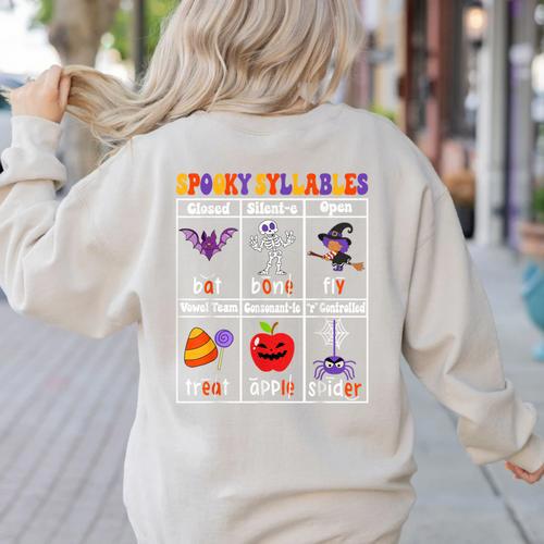 Spooky Syllables Teacher Halloween Educational Kids Women's Sweatshirt Back Print - teacherstshirts.com