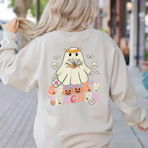 Spooky Teacher Groovy Retro Ghost Teacher Halloween 2023 For Men Women Kids Women's Sweatshirt Back Print - teacherstshirts.com AU
