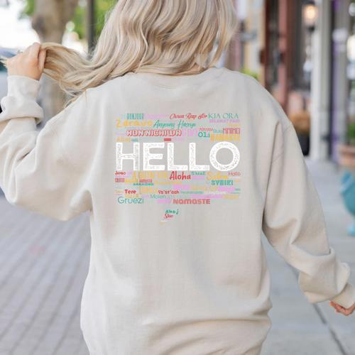 Start With Hello Different World Language Learning Teacher Women's Sweatshirt Back Print - teacherstshirts.com DE