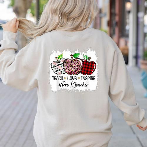 Teach Love Inspire Pre-k Teacher Apple Leopard Red Plain Women's Sweatshirt Back Print - teacherstshirts.com UK