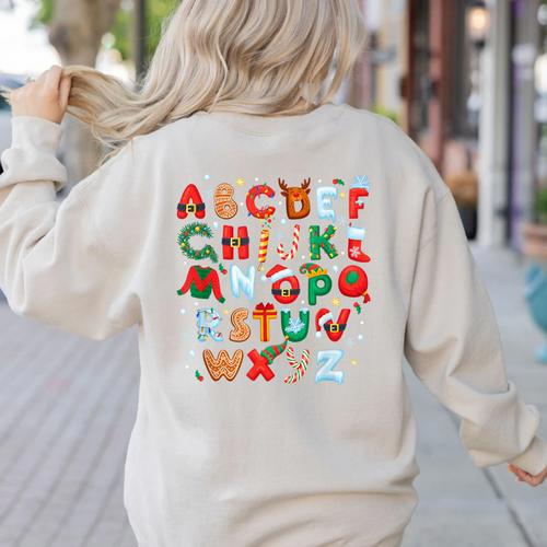 Teacher Christmas Alphabet Back To School Holiday Learning Women's Sweatshirt Back Print - teacherstshirts.com CA