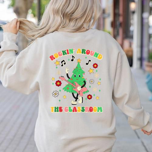 Teacher Christmas Shirts Pajama Matching Rockin' Around The Classroom -Adult Short Sleeve Small Modern Festive Christmas Teacher Xmas Vibes T-Shirt Women's Sweatshirt Back Print - teacherstshirts.com AU