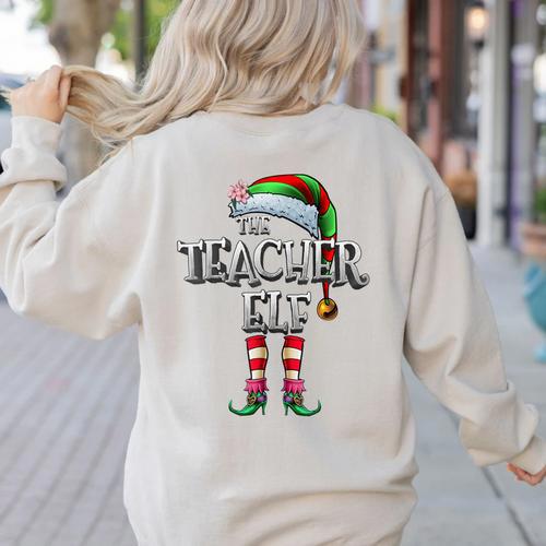 The Teacher Elf Shirt Matching Family Christmas Elf Men Women Kids Women's Sweatshirt Back Print - teacherstshirts.com